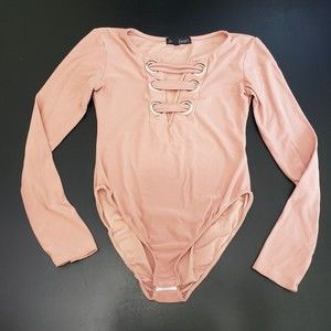 Derek Heart Body Suit with Shoe-Lace Style Neck and Long Sleeves, Size Medium
